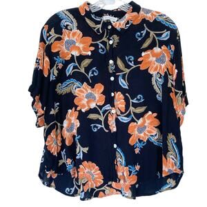 NWOT PATRONS OF PEACE Top M Floral Pearl-Button-Up Short-Sleeve Crinkle Multi